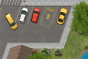 Widok z lotu ptaka na parking z czterema samochodami w kolorach żółtym, białym, czerwonym i żółtym, oznaczenia dla strefy parkowania i trawnika z drzewami