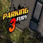 Samochody zaparkowane na parkingu z efektem świetlnym, otoczone zielenią, z dużym napisem po lewej stronie