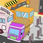 Trzy kolorowe pojazdy, w tym różowy kamper, fioletowy samochód dostawczy oraz pomarańczowy autobus, ustawione obok siebie na parkingu z napisem Parking Mania