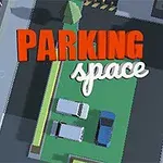 Widok z góry na parking z trzema samochodami, otoczony budynkami, z napisem PARKING space
