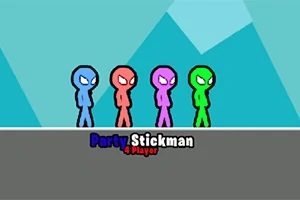 Cztery kolorowe postacie stickman stojące obok siebie na tle geometrycznych kształtów