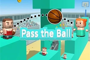 Dwie postacie w stylu voxelowym stoją na niebieskich platformach, a między nimi znajduje się piłka do koszykówki z napisem „Pass the Ball”
