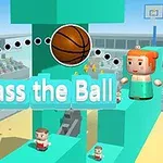 Dwie postacie w stylu voxelowym stoją na niebieskich platformach, a między nimi znajduje się piłka do koszykówki z napisem „Pass the Ball”