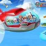 Bohaterowie w kolorowym samolocie lecą nad błękitnym oceanem w kierunku wyspy z wulkanem