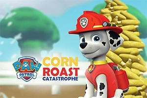 Pies w czerwonym strażackim hełmie na tle stosu żółtych worków z logo Paw Patrol i napisem Corn Roast Catastrophe