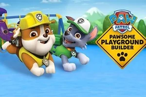 Dwa animowane psy w kaskach budowlanych na placu zabaw z logo z napisem PAWsome Playground Builder