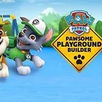Dwa animowane psy w kaskach budowlanych na placu zabaw z logo z napisem PAWsome Playground Builder