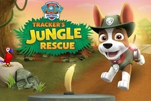 Pies z kapeluszem w dżungli, obok papugi i kamiennej głowy, z napisem Trackers Jungle Rescue