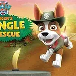Pies z kapeluszem w dżungli, obok papugi i kamiennej głowy, z napisem Trackers Jungle Rescue