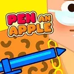 Kolorowa ilustracja przedstawiająca postać w okularach trzymającą czerwone jabłko i niebieski długopis, z kolorowym napisem Pen an Apple w tle