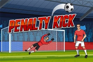 Piłkarz w czerwonym stroju przygotowujący się do strzału na bramkę, podczas gdy bramkarz w czerwonej bluzie wykonuje paradę w tle; nad nimi napis Penalty Kick