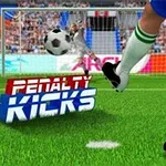 Bramkarz stojący przed bramką, piłkarz wykonujący rzut karny na zielonym boisku z napisem Penalty Kicks na pierwszym planie
