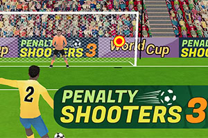 Piłkarz z numerem dwa przygotowuje się do strzału na bramkę w meczu na stadionie z publicznością, z widocznymi banerami reklamowymi i napisem Penalty Shooters 3