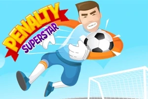 Piłkarz w rękawicach bramkarskich łapiący piłkę na tle jasnego nieba i bramki, z kolorowym napisem PENALTY SUPERSTAR obok