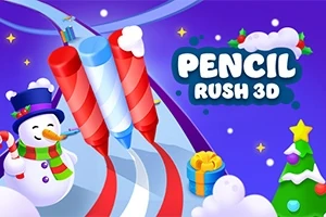 Trzy duże kolorowe ołówki na torze wyścigowym z bałwanem w zimowej scenerii i napisem Pencil Rush 3D