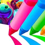Cztery kolorowe markery (różowy, niebieski, zielony i pomarańczowy) rysujące linie na białym tle, w tle kolorowa twarz krowy