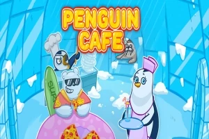 Pingwiny w lodowej kawiarni serwują jedzenie, w tle po lewej biały niedźwiedź w hawajskiej koszuli oraz pingwin kucharz, a w centrum napis Penguin Cafe