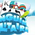 Pingwiny w zimowych czapkach i szalikach na tle kart do gry i napis Penguin Solitaire