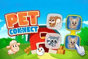 Kolorowa grafika z postaciami zwierząt, takich jak wiewiórka, szop, owca i kurczak, na tle stodoły z napisem Pet Connect