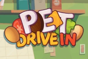 Napis Pet Drive In otoczony ikonami jedzenia na tle zielonych i beżowych kształtów