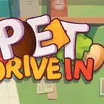 Napis Pet Drive In otoczony ikonami jedzenia na tle zielonych i beżowych kształtów