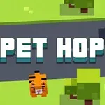 Grafika z pikselowymi postaciami królika i tygrysa na tle drogi z napisem PET HOP oraz przejeżdżającą taksówką i drzewami