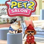 Kot i pies w przebraniach w salonie z logo Pet Salon 2 na górze