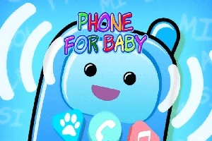 Uśmiechnięty, niebieski telefon z kolorowym napisem Phone for Baby na tle niebieskich fal