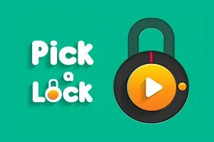 Grafika z kolorowym tłem, napisem Pick a Lock oraz ilustracją kłódki z żółtym przyciskiem odtwarzania
