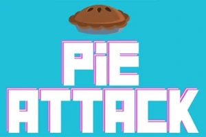 Niebieskie tło z dużym napisem PIE ATTACK oraz latającym brązowym ciastem na górze