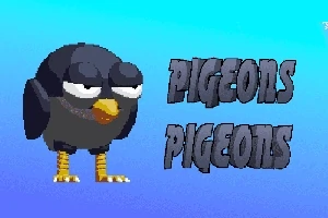 Czarny animowany ptak z białymi oczami i żółtym dziobem na niebieskim tle obok tekstu PIGEONS