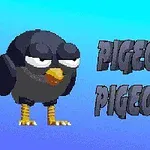Czarny animowany ptak z białymi oczami i żółtym dziobem na niebieskim tle obok tekstu PIGEONS