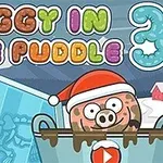 Rysunek przedstawia świnkę w czapce świętego Mikołaja w błocie z lodowym blokiem w tle oraz kolorowym napisem Piggy in the Puddle 3