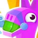 Kolorowy, abstrakcyjny różowy stwór o dużych oczach i mechanicznym uchwycie z przodu na jasnym, promiennym tle