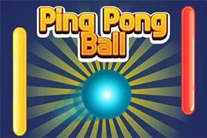 Niebieska piłka pingpongowa otoczona żółtymi i czerwonymi pionowymi paskami oraz napisem Ping Pong Ball na niebieskim tle