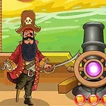 Pirate stojący obok działa z mieczem na tle morza i żółto-zielonego nieba