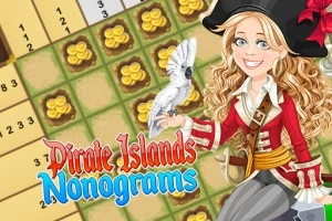 Kobieta w stroju pirata z papugą na ramieniu na tle planszy z monetami i tytułem Pirate Islands Nonograms
