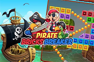 Pirates Bricks Breaker Pirat z papugą na tle żaglowca i planszy z kolorowymi klockami