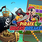 Pirates Bricks Breaker Pirat z papugą na tle żaglowca i planszy z kolorowymi klockami