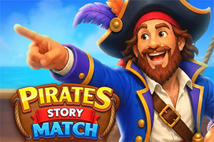 Uśmiechnięty pirat w niebieskim mundurze wskazuje palcem, obok kolorowy napis „Pirates Story Match