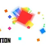 Kolorowe kwadraty różnej wielkości na białym tle z tekstem PIXEL REACTION w lewym dolnym rogu