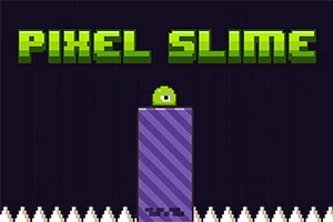Zielony napis PIXEL SLIME nad fioletowym słupkiem, na którym stoi zielony stworek jednoczołowy, otoczony białymi kolcami na dole obrazu