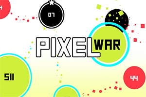 Kolorowe, okrągłe kule z liczbami i napisem PIXEL WAR na białym tle z rozproszonymi pikselami