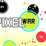 Kolorowe, okrągłe kule z liczbami i napisem PIXEL WAR na białym tle z rozproszonymi pikselami