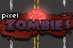 Grafika z pikselowym napisem ZOMBIES na tle asfaltowej drogi z żółtymi liniami