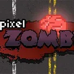 Grafika z pikselowym napisem ZOMBIES na tle asfaltowej drogi z żółtymi liniami