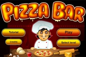 Kucharz w białym stroju i kapeluszu stoi przy stole z pizzą, a w tle widnieje napis Pizza Bar z przyciskami Tutorial, Play, i Select level