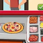 Przygotowywanie pizzy z różnorodnymi składnikami na blacie obok menu wyboru dodatków