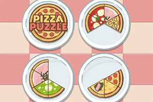 Cztery talerze z kawałkami pizzy na kratkowanym tle, jeden talerz z napisem Pizza Puzzle
