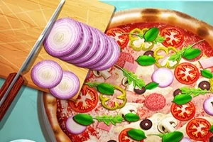 Pizza z różnymi składnikami, takimi jak plastry pomidora, cebula, liście bazylii, pieczarki, oliwki i papryka, z deską do krojenia i pokrojoną cebulą obok